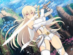 Rule 34 | armor, blonde hair, breasts, day, energy sword, flower, hair ribbon, large breasts, leo (senran kagura), lightsaber, long hair, navel, official art, outdoors, pink eyes, rain, ribbon, senran kagura, senran kagura new link, sword, torn clothes, weapon