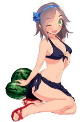 Rule 34 | 10s, 1girl, :d, ;d, alternate costume, bare legs, bikini, bikini pull, black bikini, blew andwhite, blush, breasts, cleavage, clothes pull, fang, food, front-tie top, fruit, full body, green eyes, grey hair, groin, hair ornament, hairband, hairclip, hand on own chest, highres, kantai collection, kuroshio (kancolle), legs together, md5 mismatch, navel, one eye closed, open mouth, parted bangs, pulled by self, purple bikini, red footwear, sandals, sarong, shoes, short hair, simple background, sitting, smile, solo, swimsuit, tan, tanline, watermelon, white background, yokozuwari