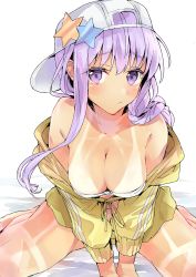 Rule 34 | 1girl, absurdres, bare shoulders, bb (fate), bb (fate) (all), bb (swimsuit mooncancer) (fate), bb (swimsuit mooncancer) (first ascension) (fate), bed sheet, between legs, bikini, blush, braid, breasts, cleavage, closed mouth, collarbone, fate/grand order, fate (series), flat cap, hair between eyes, hand between legs, hat, highres, jacket, large breasts, long hair, long sleeves, navel, off shoulder, purple eyes, purple hair, sideways hat, sitting, solo, star (symbol), swimsuit, tan, tanline, tomozero, very long hair, wariza, white background, white bikini, white hat, yellow jacket
