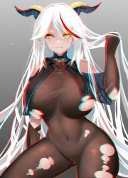 Rule 34 | 1girl, absurdres, aegir (azur lane), anaglyph, azur lane, bare shoulders, black horns, bodystocking, bodysuit, breast curtains, breasts, chromatic aberration, curvy, halterneck, highres, horns, huge breasts, long hair, looking at viewer, navel, parted lips, playing with own hair, shiki (psychedelic g2), smile, solo, thick thighs, thighs, third-party edit, torn bodysuit, torn clothes, very long hair, white hair, yellow eyes