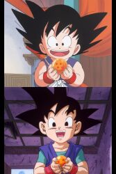 Rule 34 | 2boys, absurdres, black eyes, black hair, dragon ball, dragon ball (classic), dragon ball (object), dragon ball gt, happy, highres, looking at viewer, multiple boys, red wristband, smile, son goku, son goku jr., tagme