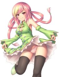 Rule 34 | &gt;:), 1girl, armpits, bad id, bad twitter id, bare shoulders, black thighhighs, breasts, cleavage, cleavage cutout, clothes lift, clothing cutout, detached sleeves, dress, dress lift, floral print, gluteal fold, green dress, hair rings, jpeg artifacts, leg up, long hair, looking at viewer, medium breasts, mochi.f, original, panties, pink eyes, pink hair, pink panties, simple background, skirt hold, solo, standing, standing on one leg, thighhighs, twintails, underwear, upskirt, v-shaped eyebrows, white background