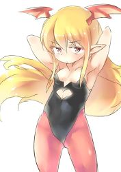 Rule 34 | 1girl, armpits, arms up, blonde hair, breasts, croixsan, demon girl, female focus, head wings, leotard, long hair, pointy ears, simple background, small breasts, solo, strapless, strapless leotard, white background, wings