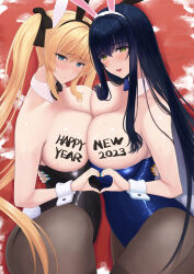 Rule 34 | 2023, 2girls, animal ears, black hair, black leotard, blonde hair, blue eyes, blue leotard, bow, bowtie, breasts, character request, copyright request, embarrassed, fake animal ears, fake tail, green eyes, happy new year, heart, heart hands, highres, large breasts, leotard, long hair, looking at viewer, multiple girls, new year, open mouth, playboy bunny, rabbit ears, rabbit tail, tail, tono munekage, very long hair