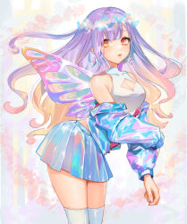 Rule 34 | 1girl, bare shoulders, blue jacket, blue skirt, breasts, cleavage, cleavage cutout, clothing cutout, cowboy shot, crop top, earrings, fairy wings, gradient hair, headdress, highres, iridescent, jacket, jewelry, leaning forward, long hair, long sleeves, looking at viewer, medium breasts, midriff, miniskirt, multicolored hair, nail polish, nima (niru54), off shoulder, orange eyes, original, parted lips, pleated skirt, purple hair, shirt, skirt, sleeveless, sleeveless shirt, solo, standing, thighhighs, thighs, very long hair, wavy hair, white shirt, white thighhighs, wings, zettai ryouiki