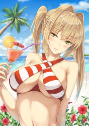 Rule 34 | 1girl, ahoge, bad id, bad pixiv id, beach, bikini, blonde hair, blurry, blurry background, breasts, criss-criss top, cup, day, drink, drinking glass, drinking straw, earrings, fate/grand order, fate (series), flower, gohei (aoi yuugure), green eyes, hair intakes, halterneck, highres, jewelry, large breasts, long hair, looking at viewer, navel, nero claudius (fate), nero claudius (fate) (all), nero claudius (swimsuit caster) (fate), ocean, outdoors, seductive smile, sky, smile, solo, striped bikini, striped clothes, swimsuit, twintails, upper body