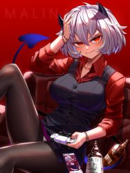 Rule 34 | 1girl, alcohol, black horns, black nails, black pantyhose, black skirt, black vest, blush, bottle, bracelet, breasts, collarbone, collared shirt, commentary, controller, couch, demon girl, demon horns, demon tail, enma (enmanuelart), formal, hair between eyes, hand on own head, helltaker, highres, holding, holding controller, horns, jewelry, large breasts, long sleeves, looking at viewer, malina (helltaker), miniskirt, nail polish, on couch, pantyhose, playstation controller, red background, red eyes, red shirt, shirt, short hair, simple background, sitting, skirt, solo, tail, vest, waistcoat, wavy mouth, white hair