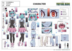 Rule 34 | 1girl, artist request, bandaged arm, bandages, black tank top, black thighhighs, blue hair, character sheet, hair ribbon, official art, original, panties, patchwork skin, pink skirt, red eyes, ribbon, sharp teeth, shoes, short hair, skirt, skull belt, smile, sneakers, solo, stitched face, stitches, tank top, teeth, thighhighs, underwear, virtual hero, zombie, zombirella