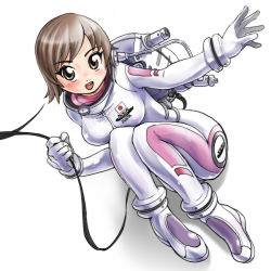 Rule 34 | 00s, 1girl, astronaut, bob cut, bodysuit, boots, breasts, brown eyes, brown hair, curled up, female focus, full body, gloves, gradient background, kiichi, morita yukari, open mouth, pilot suit, rocket girls, short hair, simple background, skin tight, smile, solo, spacesuit, white background