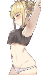 Rule 34 | 1girl, absurdres, armpits, arms up, bare arms, bare shoulders, black shirt, blonde hair, blush, boku no hero academia, breasts, choker, cowboy shot, crop top, crop top overhang, double bun, hair bun, highres, looking at viewer, midriff, navel, open mouth, orange eyes, panties, profile, shirt, sidelocks, sideways glance, simple background, stretching, toga himiko, underwear, white background, zd (pixiv6210083)
