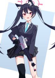 Rule 34 | 1girl, animal ear fluff, animal ears, beretta ar70/90, black gloves, black hair, black skirt, black thighhighs, blazer, blue archive, blue jacket, blue necktie, blush, breasts, cat ears, collared shirt, commentary request, cowboy shot, fang, gloves, gun, haigoma, hair between eyes, halo, highres, holding, holding gun, holding weapon, jacket, long hair, long sleeves, looking at viewer, miniskirt, necktie, open mouth, plaid, plaid skirt, pleated skirt, red eyes, serika (blue archive), shirt, single thighhigh, skirt, small breasts, solo, standing, thighhighs, twintails, two-tone gloves, weapon, white shirt