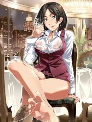 Rule 34 | 1girl, absurdres, after footjob, black hair, black nails, breasts, building, cityscape, collared shirt, cum, cum on body, cum on clothes, cum on feet, cum on hands, cup, earrings, facial, female pubic hair, highres, holding, holding cup, indoors, jewelry, large breasts, long sleeves, mature female, miniskirt, nail polish, nipples, no bra, original, pubic hair, purple skirt, purple vest, schelz, see-through, shirt, short hair, sitting, skirt, solo, vest, white shirt, window, yellow eyes