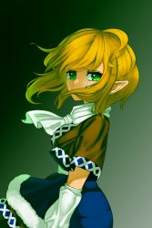 Rule 34 | 1girl, arm warmers, blonde hair, breasts, brown jacket, commentary request, cowboy shot, crying, crying with eyes open, gradient background, green background, green eyes, hair over mouth, highres, jacket, looking at viewer, looking to the side, medium breasts, mizuhashi parsee, multicolored clothes, multicolored jacket, pointy ears, sash, scarf, short hair, short sleeves, solo, tears, touhou, white sash, white scarf, yokozuna iwashi