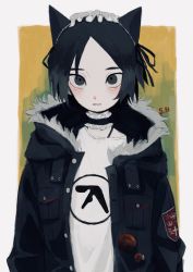 Rule 34 | 1boy, :|, aphex twin, badge, black hair, blouse, breast pocket, button badge, choker, closed mouth, coat, expressionless, grey eyes, highres, looking at viewer, maid headdress, original, pale skin, parted bangs, pocket, print shirt, shirt, tagme, upper body, white shirt, wide-eyed