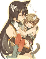 Rule 34 | 10s, 2girls, animal ears, bare shoulders, black hair, brown hair, cat ears, cat tail, comic, cosmic (crownclowncosmic), elbow gloves, gloves, hairband, headgear, highres, kantai collection, long hair, multiple girls, mutsu (kancolle), nagato (kancolle), short hair, size difference, skirt, tail, thighhighs, twitter username