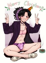 Rule 34 | 1girl, absurdres, ashtray, bad id, bad pixiv id, black choker, black hair, black nails, blush, bottle, bra, choker, cigarette, double v, drunk, earrings, glass bottle, grin, groin, half-closed eyes, hat, highres, indian style, jewelry, long sleeves, looking at viewer, mattsuu, merry christmas, mole, multicolored hair, navel, open clothes, open shirt, original, panties, parted bangs, party hat, pink bra, ponytail, purple hair, purple panties, ribs, shoes, single earring, sitting, skinny, smile, smoke, solo, underwear, v, white footwear