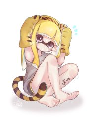Rule 34 | 1girl, animal ears, animal hands, artist name, bad id, bad twitter id, barefoot, black shorts, blonde hair, blunt bangs, blunt ends, closed mouth, commentary, dolphin shorts, eye glitter, fake animal ears, fake tail, gloves, grey shirt, hands on own head, highres, indian style, inkling, inkling girl, inkling player character, light frown, long hair, looking at viewer, nintendo, notice lines, paw gloves, pointy ears, purple eyes, ryon mnhl, shadow, shirt, short shorts, short sleeves, shorts, signature, simple background, sitting, solo, splatoon (series), splatoon 2, symbol-only commentary, t-shirt, tail, tentacle hair, tiger ears, tiger paws, tiger tail, white background