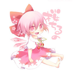 Rule 34 | 1girl, alternate color, alternate element, barefoot, blush, bow, cherry, chibi, cirno, dress, floral print, food, fruit, hair bow, n:go, open mouth, pink dress, pink eyes, pink hair, pink theme, sakura cirno, short hair, smile, solo, touhou, translation request, wings