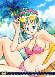 Rule 34 | 1girl, 2006, :d, adjusting eyewear, arm support, armpits, beach, bikini, blue eyes, blue hair, breasts, bulma, bush, calendar, camouflage, camouflage bikini, chair, cleavage, clenched hand, cloud, coconut, collarbone, dated, day, december, dragon ball, dragonball z, earrings, eyewear on head, from side, green hair, hair ribbon, halterneck, happy, high ponytail, jewelry, knee up, looking at viewer, lounge chair, matching hair/eyes, medium breasts, navel, official art, open mouth, outdoors, palm tree, parted lips, pink bikini, pink ribbon, ponytail, print bikini, ribbon, sideboob, sitting, sky, smile, solo, stud earrings, sunglasses, swimsuit, toei animation, tree