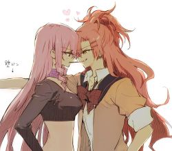 Rule 34 | 10s, 2girls, akuma no riddle, assertive female, earrings, female focus, food, grin, hair ornament, hairclip, hairpin, heart, inukai isuke, jewelry, long hair, looking at another, minakata sunao, multiple girls, official art, pink hair, pocky, pocky day, pocky kiss, red hair, sagae haruki, scarf, shared food, smile, yellow eyes, yuri