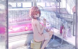 Rule 34 | 1girl, ahoge, bath, bath stool, bathing, bracelet, breasts, collar, commentary, covering privates, earrings, from behind, highres, idolmaster, idolmaster cinderella girls, indoors, jewelry, large breasts, looking at viewer, mirror, multicolored hair, naked towel, nude, nude cover, pink collar, pink eyes, pink hair, plant, potted plant, ring, roki (0214278), shampoo bottle, shower head, sitting, solo, stool, streaked hair, sunlight, towel, yumemi riamu