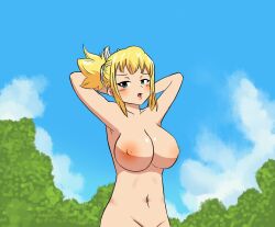 Rule 34 | 1girl, blonde hair, blue eyes, breasts, completely nude, dr. stone, kohaku (dr. stone), large breasts, midriff, nipples, nude, out-of-frame censoring, solo