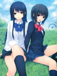Rule 34 | 2girls, absurdres, aoyama sumika, arm support, bicycle, black hair, black legwear, blue bow, blue eyes, blue legwear, blue skirt, bow, bowtie, brown eyes, coffee-kizoku, day, grass, highres, huge filesize, long hair, looking at viewer, miniskirt, multiple girls, open mouth, original, outdoors, pleated skirt, red bow, shiramine rika, shirt, short hair, sitting, skirt, white shirt