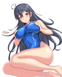 Rule 34 | 1girl, 2021, ahoge, antenna hair, artist request, bare legs, barefoot, black hair, blue one-piece swimsuit, blush, grabbing another&#039;s breast, breasts, competition swimsuit, covered navel, curvy, dated, grabbing, grabbing own breast, hairband, highleg, highleg swimsuit, highres, kantai collection, large breasts, long hair, looking at viewer, one-piece swimsuit, open mouth, shiny skin, signature, smile, solo, swimsuit, ushio (kancolle), white hairband, yellow eyes