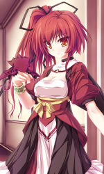 Rule 34 | 1girl, bracelet, dress, indoors, jewelry, looking at viewer, lowres, magus tale, original, puffy short sleeves, puffy sleeves, red dress, red eyes, red hair, sash, seera finis victoria, short hair, short sleeves, side ponytail, solo, standing, tenmaso, underbust