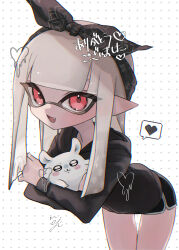 Rule 34 | animal, bike shorts, black bow, bow, frisk kunn, hair bow, heart, highres, holding, holding animal, inkling, inkling girl, inkling player character, leaning forward, long hair, mouse (animal), nintendo, open mouth, pointy ears, red eyes, simple background, splatoon (series), suction cups, sweater, white background, white hair