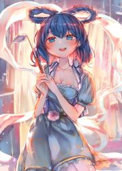 Rule 34 | 1girl, :d, backlighting, blue dress, blue eyes, blue hair, blush, breasts, cleavage, commentary request, cowboy shot, dress, earrings, flower, hagoromo, hair between eyes, hair ornament, hair rings, hair stick, highres, holding, holding ladle, itsumizu, jewelry, kaku seiga, ladle, looking at viewer, medium breasts, medium hair, open mouth, pink flower, puffy short sleeves, puffy sleeves, shawl, short sleeves, smile, solo, teeth, touhou, upper teeth only, vest, white vest
