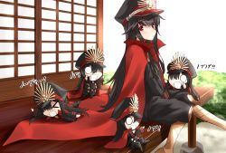 Rule 34 | 5girls, :d, architecture, black hair, black pants, black shirt, blush, cape, chibi, east asian architecture, fate/grand order, fate (series), hat, highres, japanese clothes, keikenchi (style), koha-ace, long hair, long sleeves, military, military hat, military uniform, multiple girls, multiple persona, o o, oda nobunaga (fate), oda nobunaga (koha-ace), open mouth, pants, peaked cap, red cape, red eyes, shirt, shunichi, sitting, smile, translation request, uniform, v arms