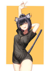Rule 34 | 1girl, absurdres, afterimage, animal ears, arknights, arm behind head, black hair, black shirt, breasts, cat ears, cat girl, cat tail, commentary, cowboy shot, female focus, flapping ears, green eyes, highres, jessica (arknights), large breasts, long hair, looking at viewer, multicolored hair, one eye closed, open mouth, ponytail, red hair, shirt, simple background, solo, streaked hair, stretching, tail, tail raised, taku57, thighs, trembling