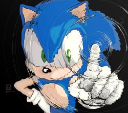Rule 34 | 1boy, animal ears, animal nose, black background, clgz sonic, closed mouth, furry, furry male, gloves, green eyes, highres, looking at viewer, male focus, ripples, smile, solo, sonic (series), sonic the hedgehog, twitter username, white background, white gloves