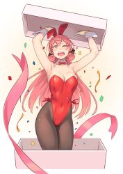 Rule 34 | 1girl, akashi (kancolle), animal ears, armpits, arms up, black pantyhose, blunt tresses, box, breasts, cleavage, confetti, detached collar, fake animal ears, highres, holding, kantai collection, leotard, long hair, looking at viewer, medium breasts, one eye closed, open mouth, pantyhose, pink hair, playboy bunny, rabbit ears, rabbit tail, red leotard, solo, standing, wrist cuffs, yellow eyes, yuuji (and)