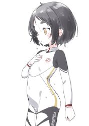 Rule 34 | 1girl, alternate costume, black hair, bodysuit, brown eyes, cowboy shot, diving suit, flat chest, hand on own chest, kantai collection, maru-yu (kancolle), multicolored bodysuit, multicolored clothes, nassukun, short hair, simple background, solo, thick eyebrows, wetsuit, white background