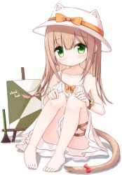 Rule 34 | 1girl, animal ears, animal hat, bare shoulders, barefoot, blush, bow, brown hair, cat ears, cat hat, cat tail, closed mouth, commentary request, dress, fake animal ears, green eyes, hair between eyes, hat, hat bow, head tilt, kemonomimi mode, knees up, long hair, looking at viewer, orange bow, original, red bow, sitting, sleeveless, sleeveless dress, solo, sun hat, tail, tail bow, tail ornament, very long hair, waka (yuuhagi (amaretto-no-natsu)), white dress, white hat, yuuhagi (amaretto-no-natsu)
