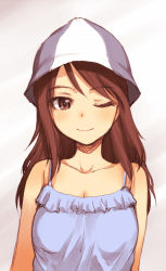 Rule 34 | 10s, blue hat, blush, brown eyes, brown hair, camisole, colored pencil (medium), girls und panzer, hat, highres, long hair, looking at viewer, mika (girls und panzer), one eye closed, sakaki imasato, sketch, smile, solo, traditional media, upper body