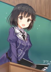 Rule 34 | 10s, 1girl, :o, black hair, blush, book, brown eyes, chalkboard, gloves, haguro (kancolle), hair ornament, hyuuga azuri, jpeg artifacts, kantai collection, open mouth, personification, short hair, solo, sweatdrop, white gloves