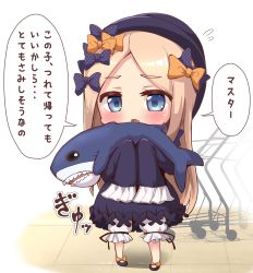 Rule 34 | 1girl, abigail williams (fate), absurdres, black bow, black dress, black footwear, black hat, blonde hair, bloomers, blue eyes, blush, bow, bug, butterfly, chibi, commentary request, dress, fate/grand order, fate (series), flying sweatdrops, forehead, full body, hair bow, hat, highres, holding, holding stuffed toy, ikea shark, insect, kihou no gotoku dmc, long hair, long sleeves, looking at viewer, multiple hair bows, open mouth, orange bow, parted bangs, polka dot, polka dot bow, shoes, shopping cart, sleeves past fingers, sleeves past wrists, solo, standing, stuffed animal, stuffed shark, stuffed toy, translation request, underwear, very long hair, white bloomers
