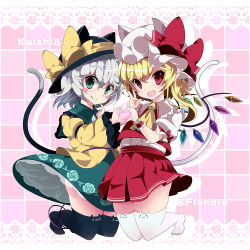 Rule 34 | 2girls, animal ears, anklet, ascot, blonde hair, blouse, blush stickers, cat ears, cat tail, character name, checkered background, fang, finger to face, flandre scarlet, floral print, flower, green eyes, hat, hat ribbon, hat with ears, heart, heart hands, heart hands duo, jewelry, juliet sleeves, kayama benio, kemonomimi mode, kneeling, komeiji koishi, lace trim, long sleeves, looking at viewer, mob cap, multiple girls, no shoes, open mouth, over-kneehighs, pink background, pleated skirt, ponytail, puffy short sleeves, puffy sleeves, red eyes, ribbon, rose, shadow, shirt, short hair, short sleeves, silver hair, skindentation, skirt, skirt set, smile, tail, thighhighs, touhou, v, whiskers, wings, wrist cuffs