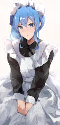 Rule 34 | absurdres, apron, black shirt, blue bow, blue eyes, blue hair, bow, dress, hair bow, hairstyle request, hand on lap, highres, hololive, hoshimachi suisei, light blush, long sleeves, looking at viewer, maid, maid apron, maid headdress, shirt, sidelocks, sitting, sweatdrop, virgo76612871, virtual youtuber, wavy hair, white dress