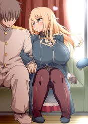 Rule 34 | 1boy, 1girl, admiral (kancolle), atago (kancolle), beret, black gloves, blonde hair, blush, breasts, brown hair, couch, covered eyes, curtains, epaulettes, gloves, unworn gloves, green eyes, hat, unworn hat, unworn headwear, heart, heart-shaped pupils, holding hands, huge breasts, kantai collection, long hair, military, military uniform, naval uniform, pantyhose, roah, sitting, skirt, smile, symbol-shaped pupils, uniform