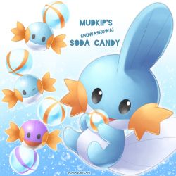 Rule 34 | artist name, black eyes, candy, candy wrapper, character name, commentary request, creature, creatures (company), food, game freak, gen 3 pokemon, highres, holding, mudkip, nintendo, no humans, open mouth, pokemon, pokemon (creature), sasabunecafe