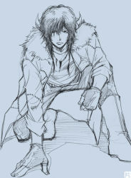 Rule 34 | 00s, 1boy, black hair, blue background, blue theme, braid, coat, gloves, horns, jewelry, katekyo hitman reborn!, lambo, male focus, monochrome, necklace, aged up, sketch, solo
