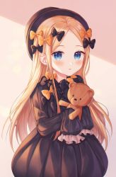 Rule 34 | 1girl, abigail williams (fate), absurdres, backlighting, bad id, bad pixiv id, black bow, black dress, black hat, blonde hair, blue eyes, blush, bow, breasts, dress, fate/grand order, fate (series), forehead, hair bow, hat, highres, holding, holding stuffed toy, long hair, long sleeves, looking at viewer, monjja, multiple hair bows, orange bow, parted bangs, parted lips, ribbed dress, sleeves past fingers, sleeves past wrists, small breasts, solo, stuffed animal, stuffed toy, teddy bear