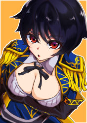Rule 34 | 1girl, absurdres, arm under breasts, black gloves, black hair, black ribbon, blue jacket, breasts, cleavage, commentary, detached collar, elbow gloves, epaulettes, from above, gloves, highres, jacket, large breasts, looking at viewer, looking up, maki-kun, megido72, neck ribbon, orange background, outline, parted lips, raised eyebrow, red eyes, ribbon, short hair, solo, upper body, white outline, zagan (megido72)
