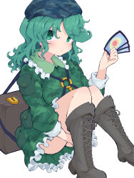 Rule 34 | 1girl, ability card (touhou), absurdres, ass, bag, black footwear, blush, boots, camouflage, camouflage headwear, camouflage shirt, camouflage skirt, card, closed mouth, commentary, cross-laced footwear, frilled skirt, frills, green eyes, green hair, green hat, green shirt, green skirt, hat, highres, holding, holding card, knee boots, lace-up boots, medium hair, mugi (mugimugi 9kv), shirt, simple background, skirt, solo, touhou, white background, yamashiro takane