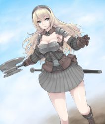 Rule 34 | angoha, armor, axe, blonde hair, blue sky, boobplate, boots, breasts, brown footwear, brown gloves, bustier, cloud, commentary request, day, detached sleeves, frilled hairband, frills, gloves, green eyes, grey skirt, hairband, highres, holding, holding axe, large breasts, leather, leather boots, leather gloves, long hair, looking away, parted lips, sheath, sheathed, shoulder armor, skirt, sky, sword, walking, warrior, weapon