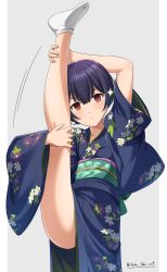 Rule 34 | absurdres, arm up, bare legs, black hair, blue kimono, blush, closed mouth, commentary request, floral print, grey background, hands on own leg, head tilt, highres, idolmaster, idolmaster shiny colors, japanese clothes, kimono, leg up, long sleeves, looking at viewer, morino rinze, motion lines, obi, pillarboxed, print kimono, red eyes, sash, short hair, simple background, sparkle, split, standing, standing on one leg, standing split, tabi, takatsuki p, twitter username, v-shaped eyebrows, white legwear, wide sleeves